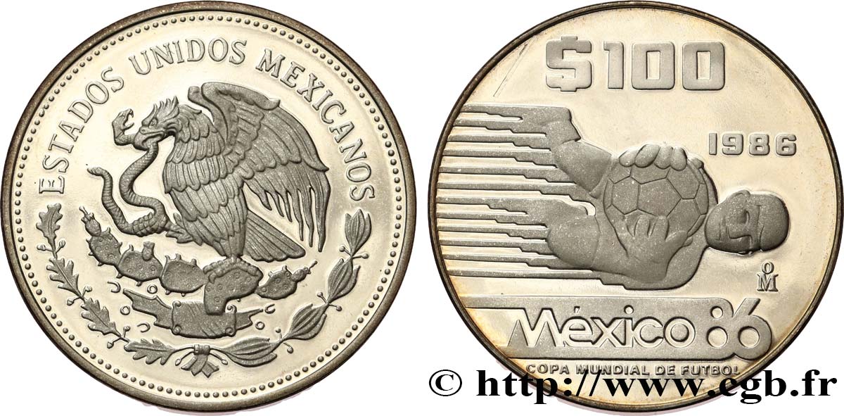 MEXICO 100 Pesos Proof Coupe du Monde de football 1986 MS