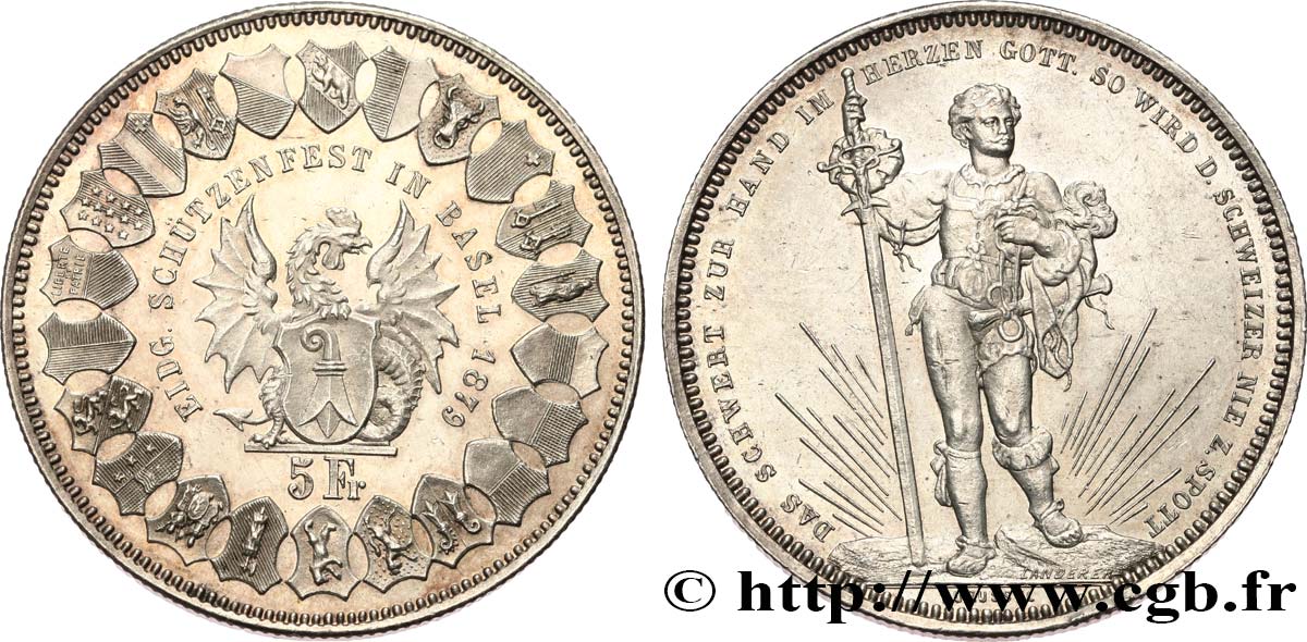 SUISSE 5 Francs, monnaie de Tir, Bâle 1879  SPL/SUP 