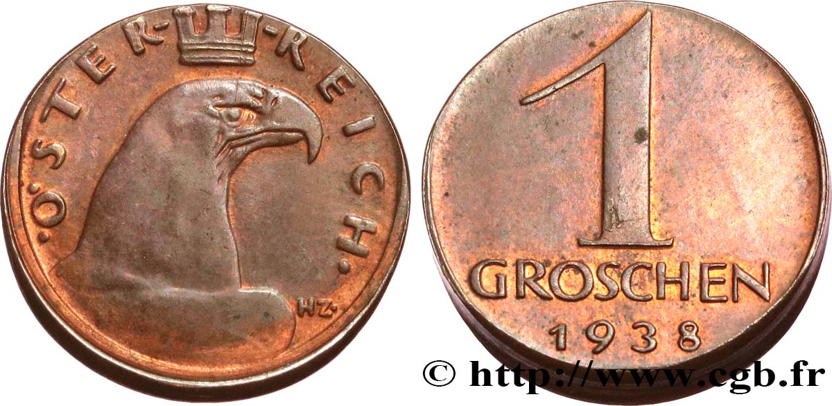 AUSTRIA 1 Groschen “casquette” 1938  EBC 