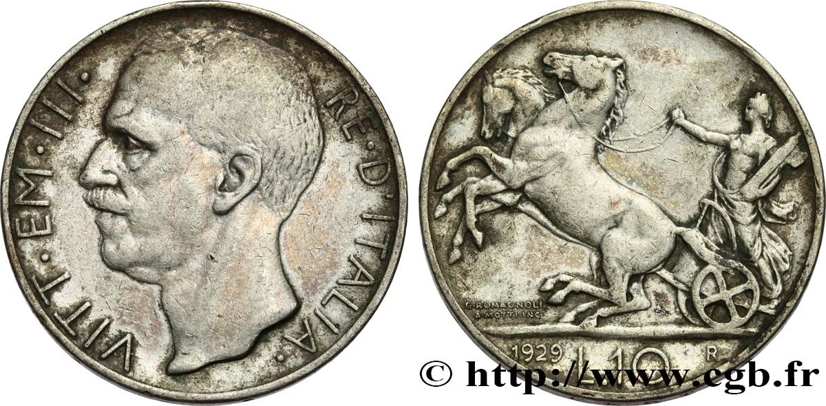 ITALIE - VICTOR EMMANUEL III 10 Lire char antique 1929 Rome TTB