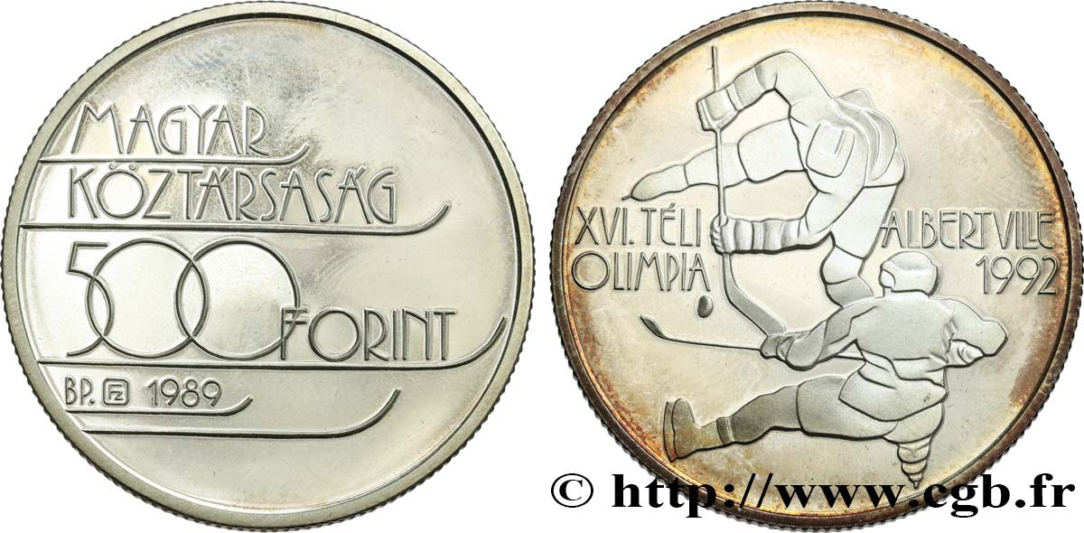 HUNGARY 500 Forint Proof XVIe Jeux Olympiques d’hiver Albertville 1992 / hockeyeurs 1989 Budapest MS 