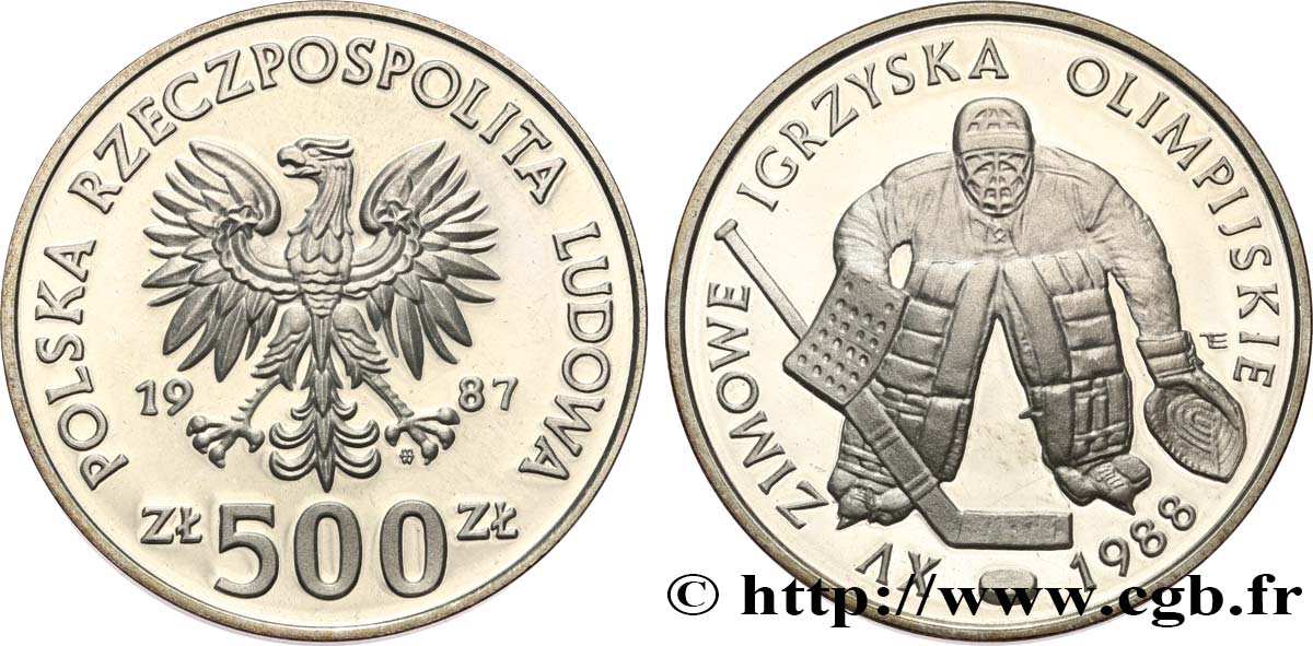 POLAND 500 Zlotych Proof XVe Jeux Olympiques d’hiver - hockey sur glace 1987 Varsovie MS 