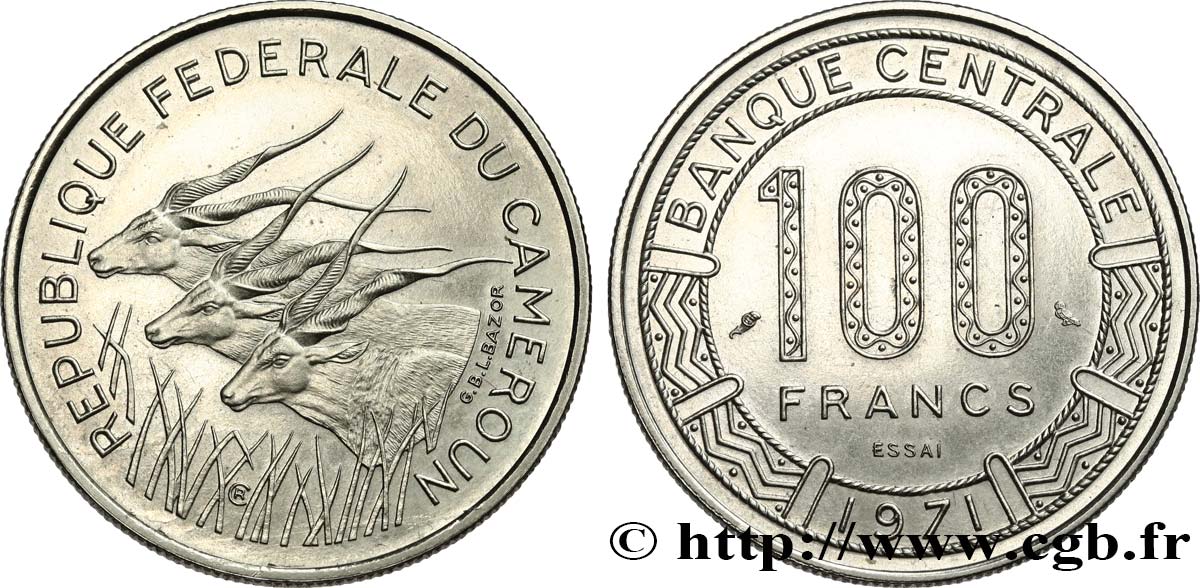 CAMERUN Essai de 100 Francs République Fédérale du Cameroun, antilopes 1971 Paris MS 