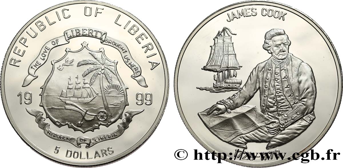 LIBERIA 1 Dollar Proof Capitaine James Cook 1999 Pobjoy Mint MS 