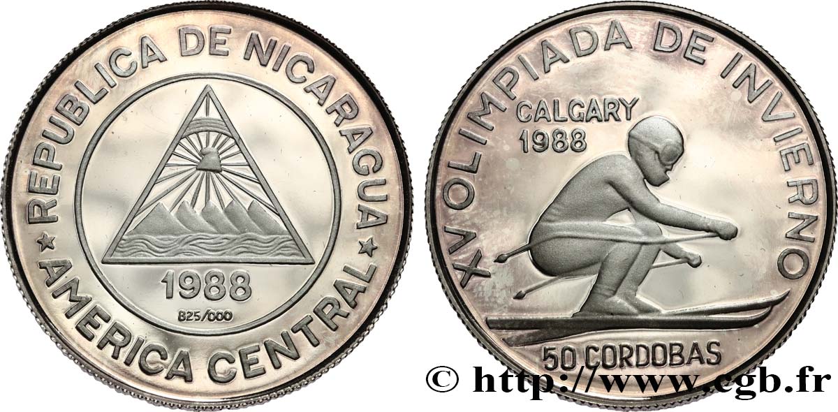 NICARAGUA 50 Cordobas Proof Jeux olympiques d’hiver de Calgary 1988 1988 Mexico MS 