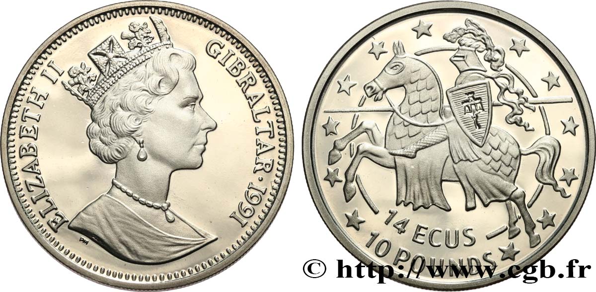 GIBRALTAR 14 Ecus - 10 Pounds Proof Elisabeth II / chevalier 1992  MS 