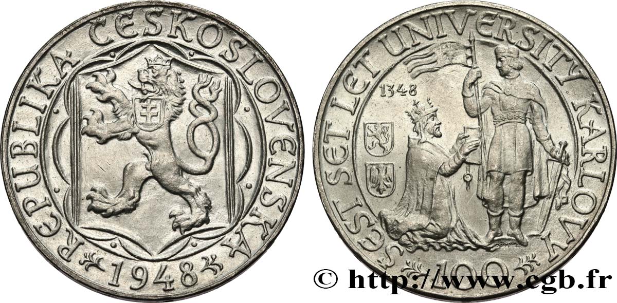 CECOSLOVACCHIA 100 Korun 600e anniversaire de l’Université Karlovy 1948 Kremnica MS