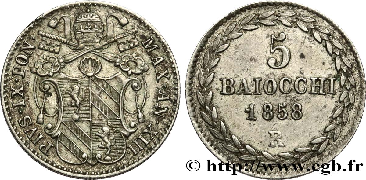 VATICAN AND PAPAL STATES 5 Baiocchi Pie IX an XIII 1858 Rome AU 