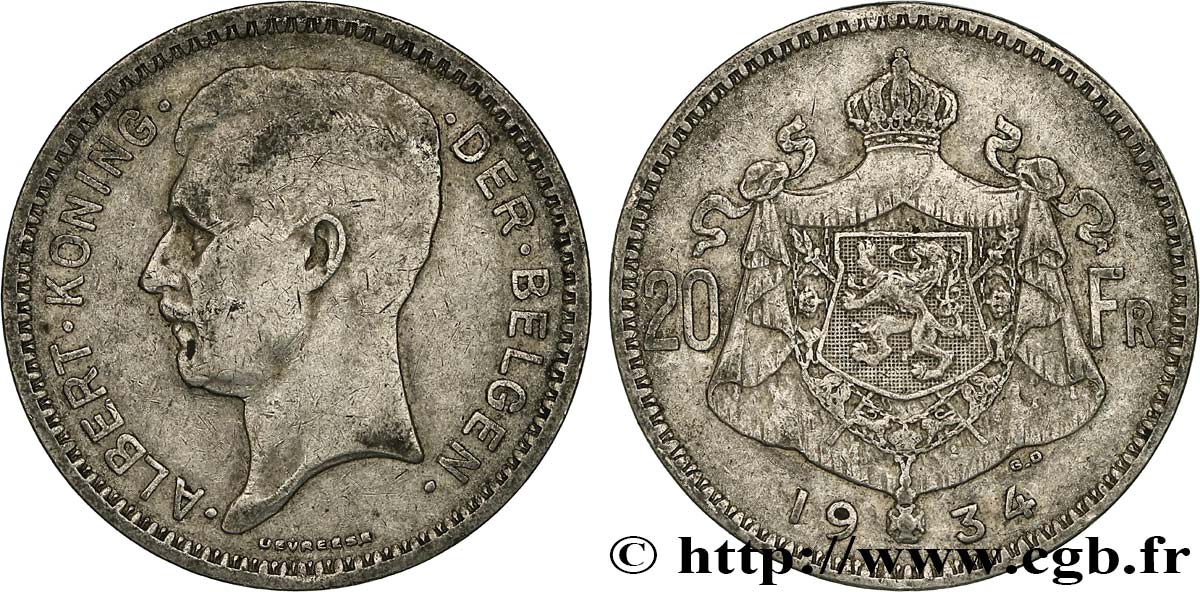 BELGIQUE 20 Franken (Francs) Albert Ier légende Flamande 1934 TTB