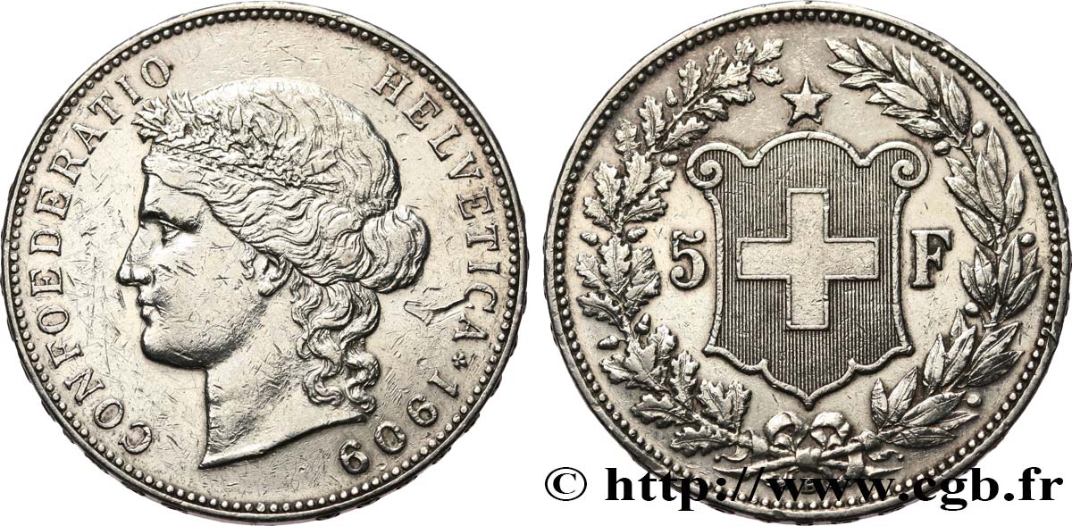SUISSE 5 Francs Helvetia 1909 Berne TTB