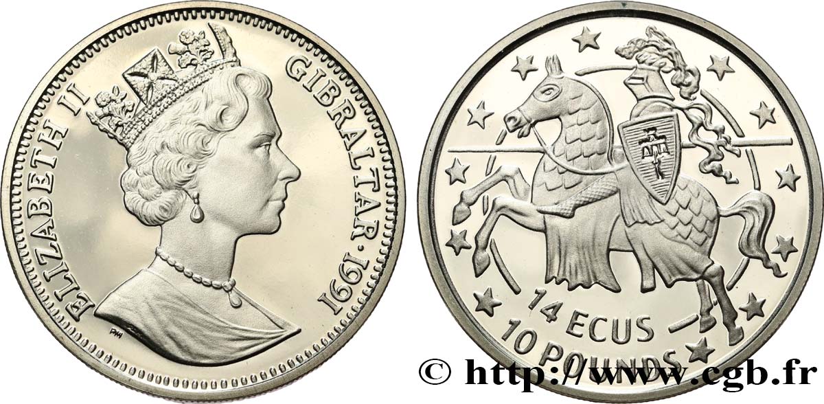 GIBRALTAR 14 Ecus - 10 Pounds Proof Elisabeth II / chevalier 1991  MS 