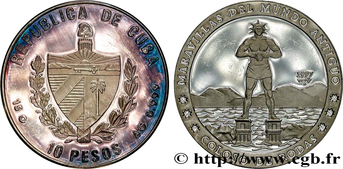 CUBA 10 Pesos Proof Colosse de Rhodes 1997  MS 