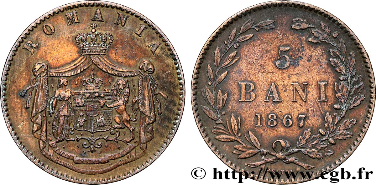 ROMANIA 5 Bani 1867 Heaton XF