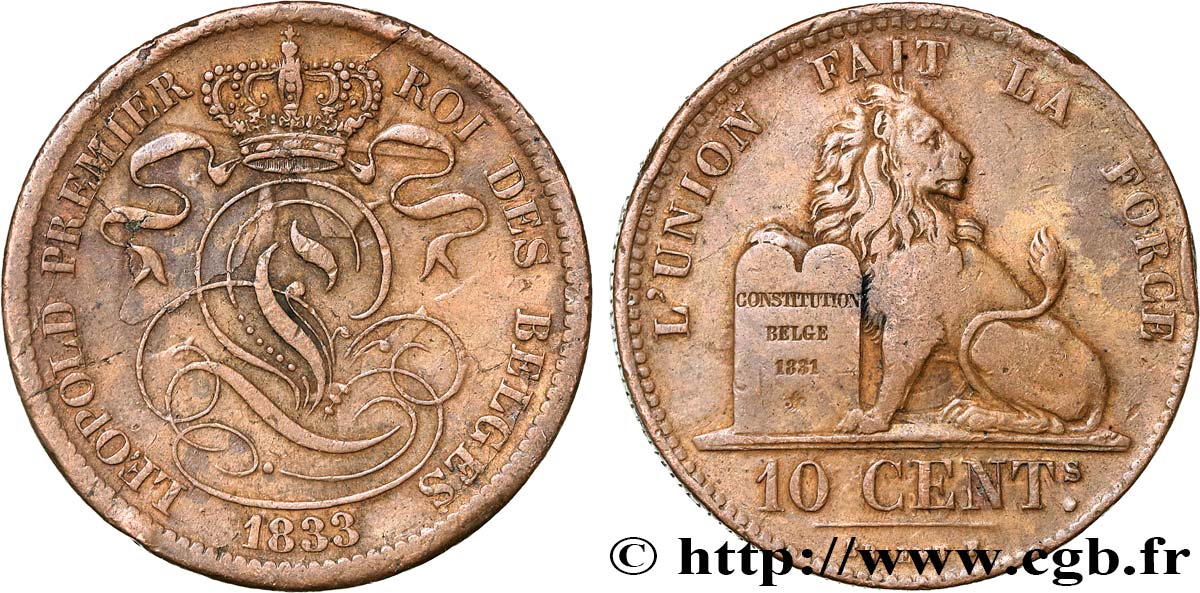 BELGIQUE 10 Centimes lion 1833 TB+
