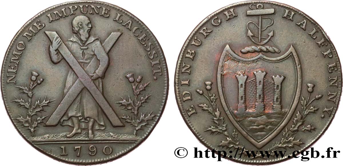 BRITISH TOKENS OR JETTONS 1/2 Penny Edimbourg (Lothian, Écosse) 1790  XF 