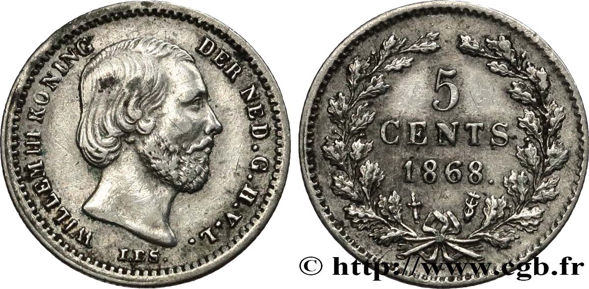 NETHERLANDS - KINGDOM OF THE NETHERLANDS - WILLIAM III 5 Cents 1868 Utrecht XF 