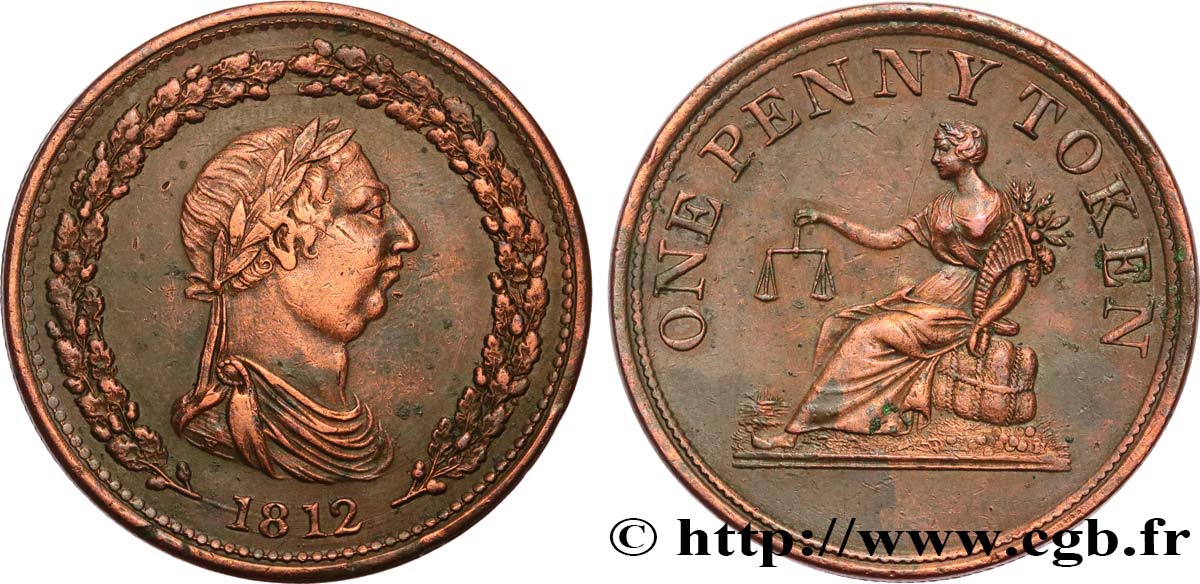 BRITISH TOKENS OR JETTONS 1 Penny buste de Georges III lauré 1812  XF/AU 