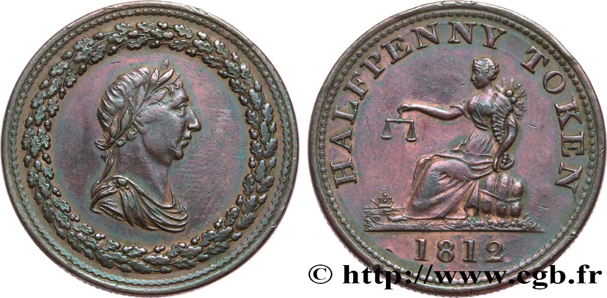 BRITISH TOKENS OR JETTONS 1/2 Penny buste de Georges III lauré 1812  AU 