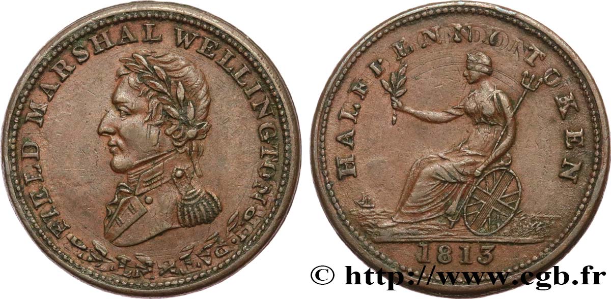 BRITISH TOKENS OR JETTONS 1/2 Penny Wellington 1813  AU 
