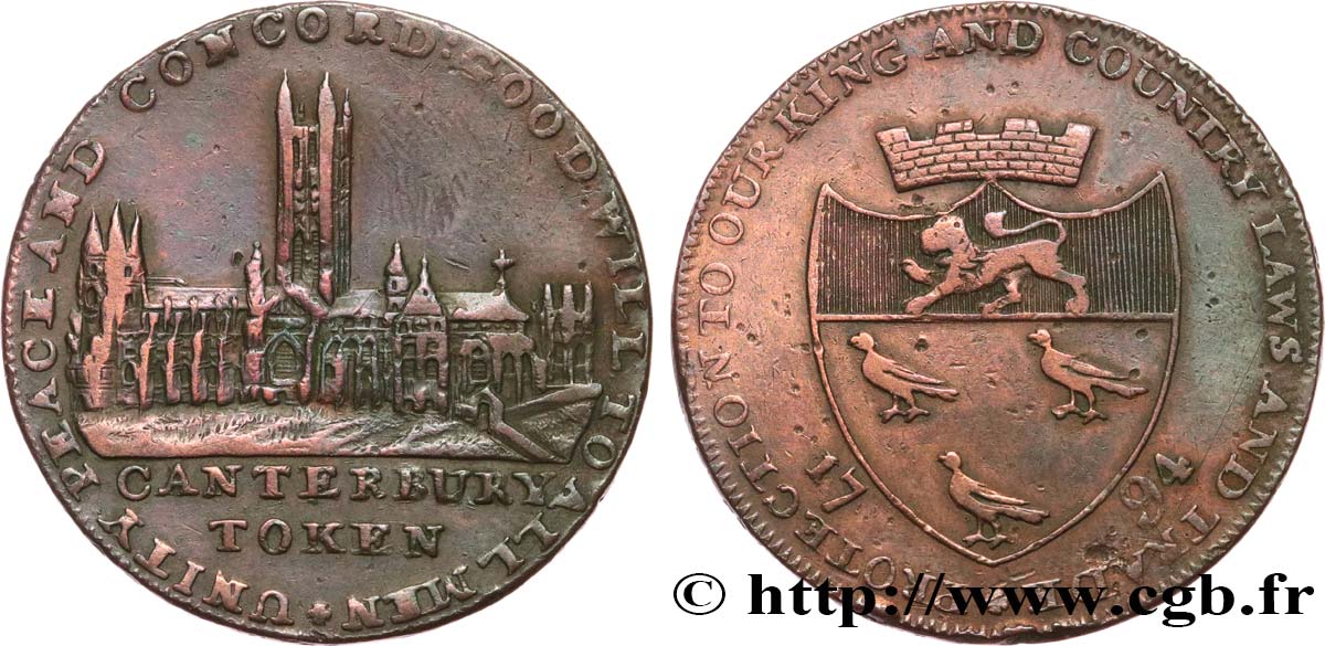 BRITISH TOKENS OR JETTONS 1/2 Penny Canterbury (Kent) 1794  VF 