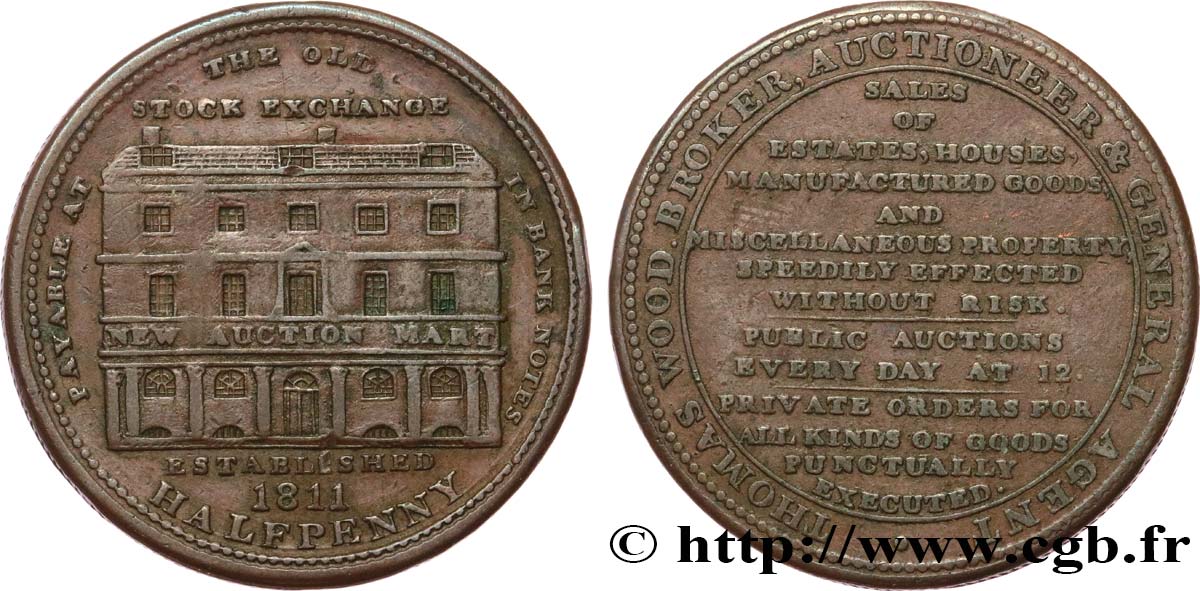 BRITISH TOKENS OR JETTONS 1/2 Penny London, Thomas Wood 1811  AU 