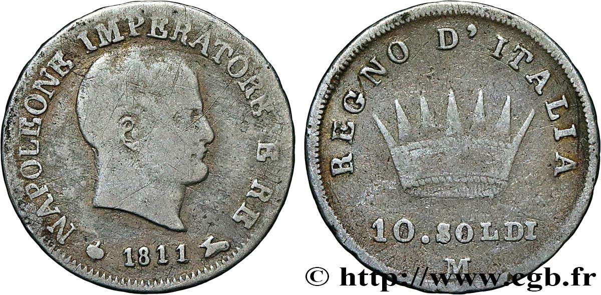 ITALY - KINGDOM OF ITALY - NAPOLEON I 10 Soldi Napoléon Empereur et Roi d’Italie 1811 Milan - M VF