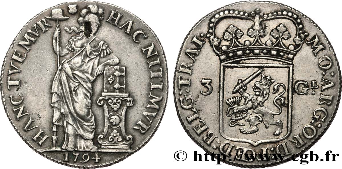 NETHERLANDS - RÉPUBLIQUE BATAVE 3 Gulden ou triple florin néerlandais 1794 Utrecht AU 