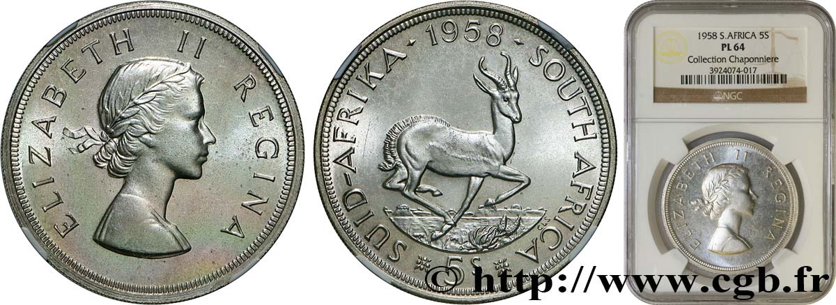 SOUTH AFRICA 5 Shillings Elisabeth II 1958 Pretoria MS64 NGC