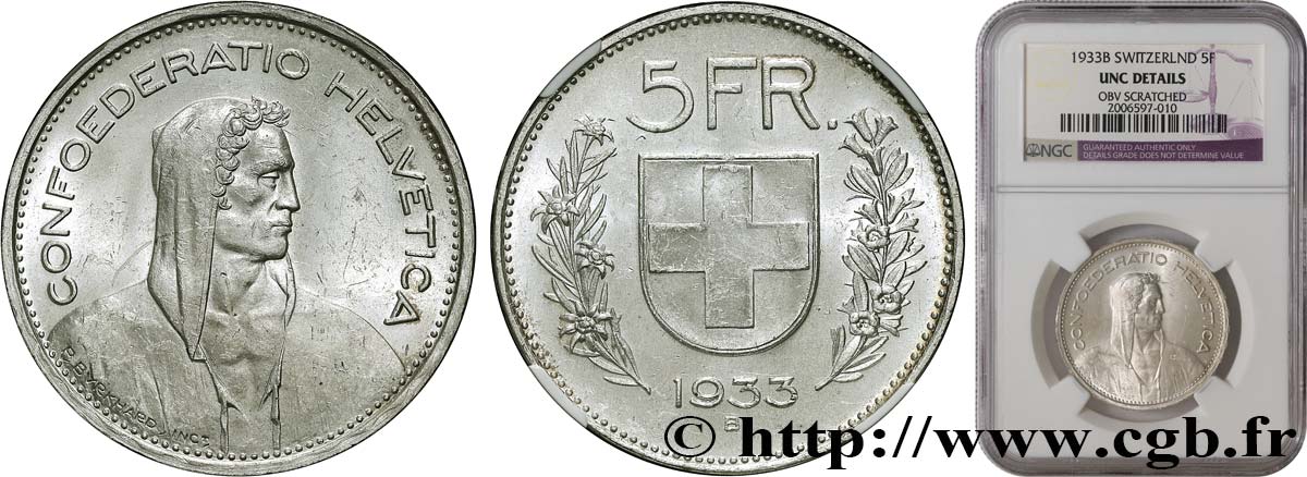 SWITZERLAND 5 Francs Berger des alpes 1933 Berne AU NGC