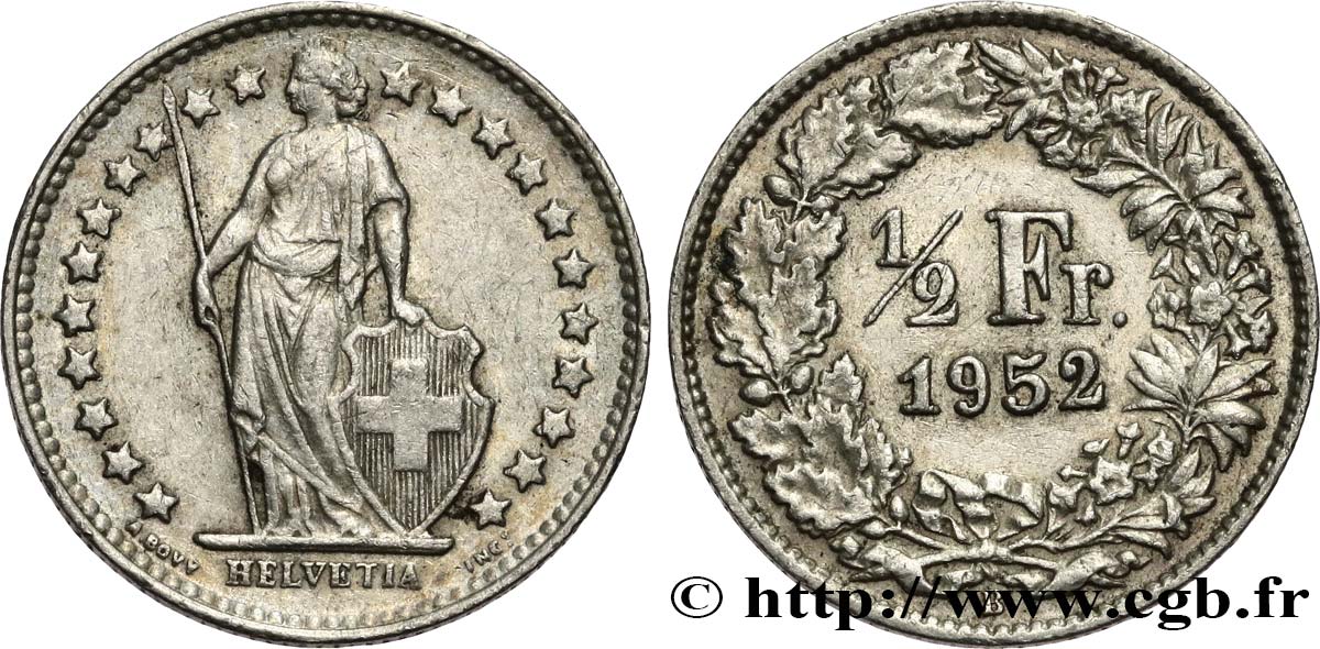 SWITZERLAND 1/2 Franc Helvetia 1952 Berne AU