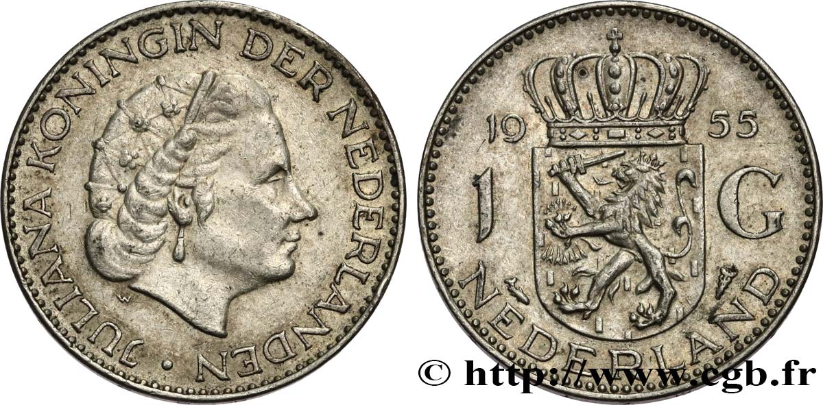 NETHERLANDS 1 Gulden Juliana 1955 AU
