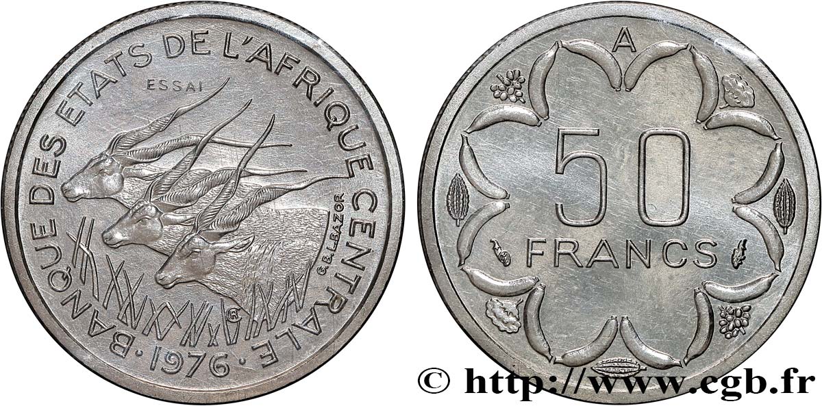 ESTADOS DE ÁFRICA CENTRAL
Essai de 50 Francs BEAC antilopes (A) Tchad 1976 Paris FDC
