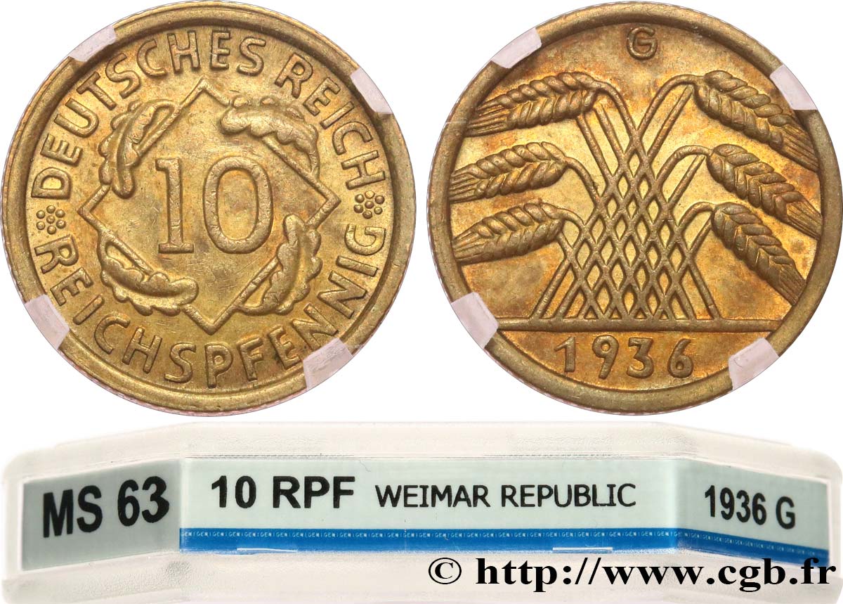 GERMANIA 10 Reichspfennig 1936 Karlsruhe MS63 GENI