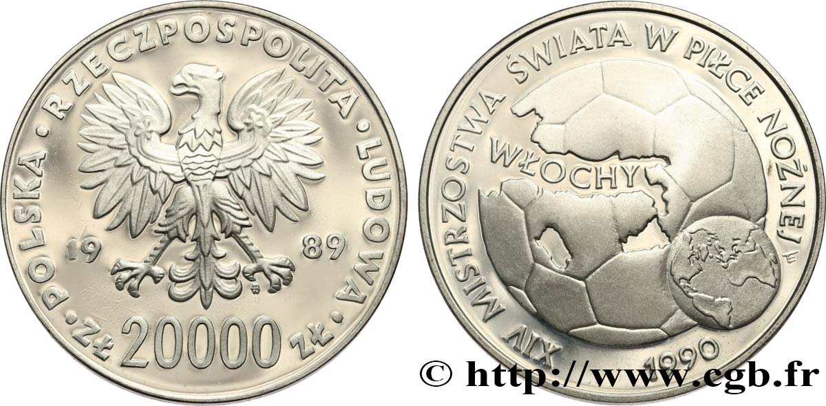 POLAND 20000 Zlotych Proof Coupe du Monde de football Italie 1988 1989 Varsovie MS 