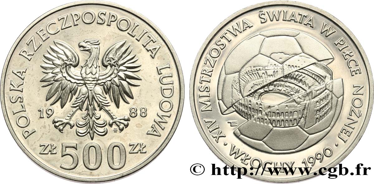 POLONIA 500 Zlotych Proof Coupe du Monde de football Italie 1988 1988 Varsovie MS 