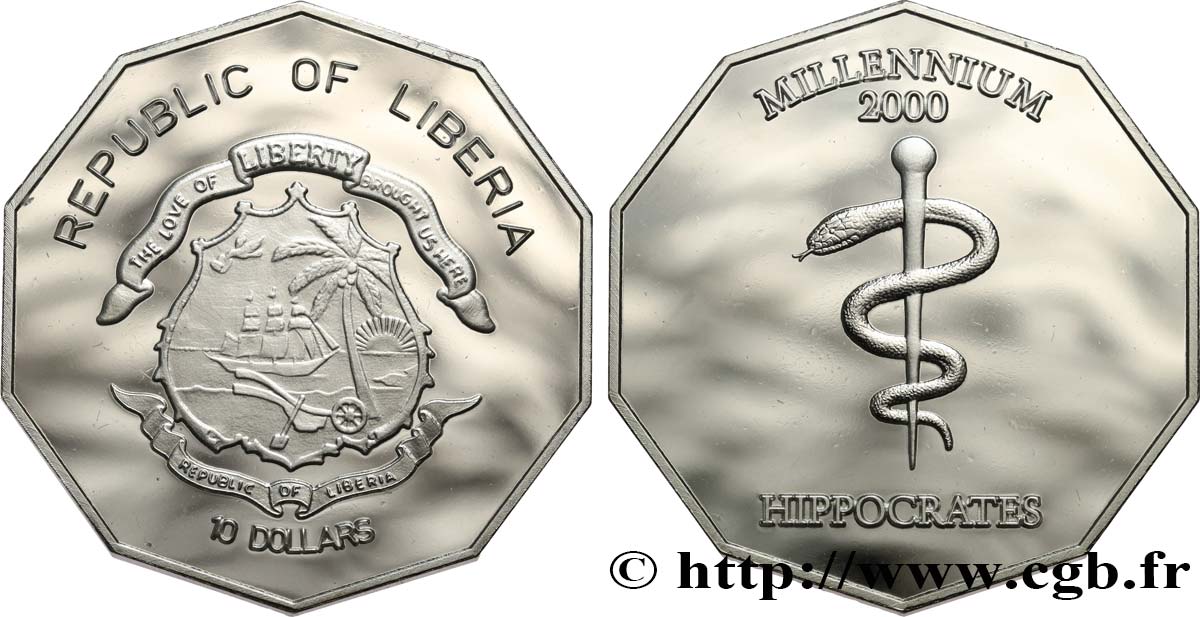 LIBERIA 10 Dollars Proof Millenium Serment d’Hippocrate 2000 MS