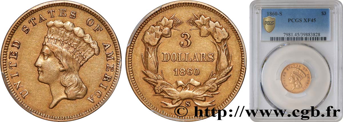 ÉTATS-UNIS D AMÉRIQUE 3 Dollars”Indian Princess” 1860 San Francisco SS45 PCGS