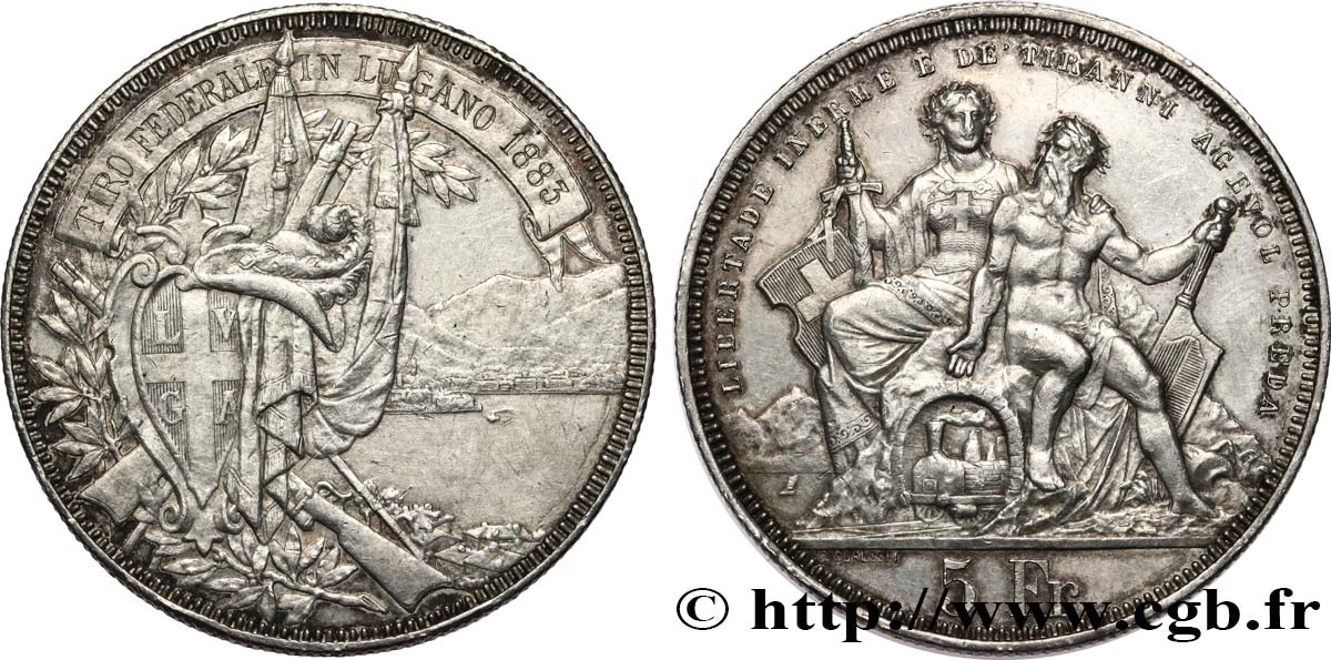 SWITZERLAND 5 Francs, concours de Tir de Lugano 1883 AU