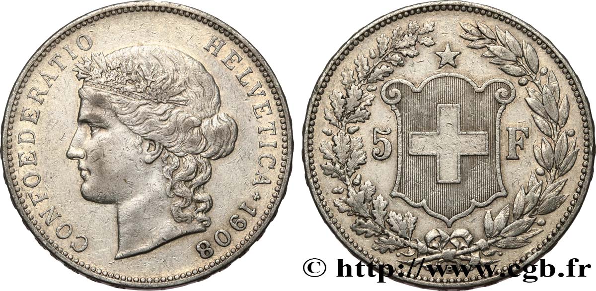 SWITZERLAND 5 Francs Helvetia 1908 Berne VF 