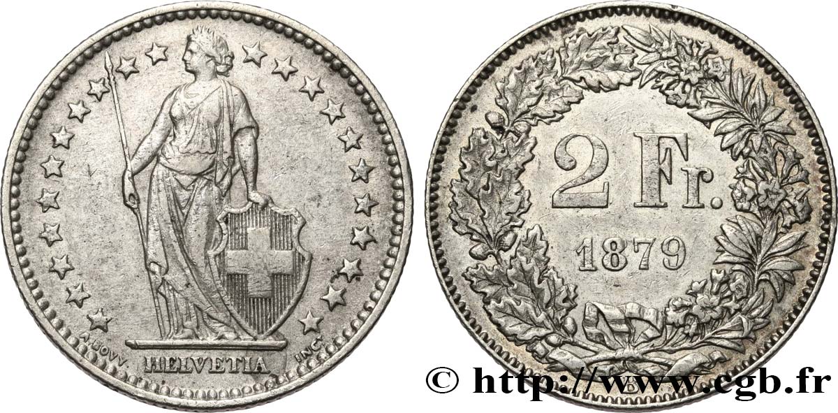 SWITZERLAND 2 Francs Helvetia 1879 Berne XF 