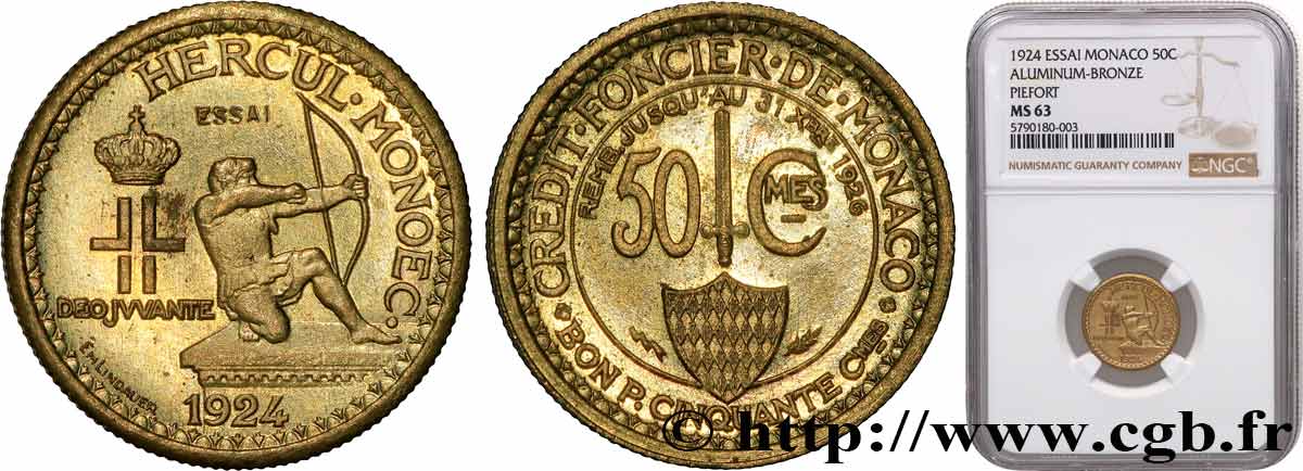 MONACO - PRINCIPALITY OF MONACO - LOUIS II Piéfort - Essai de 50 centimes 1924 Poissy MS63 NGC