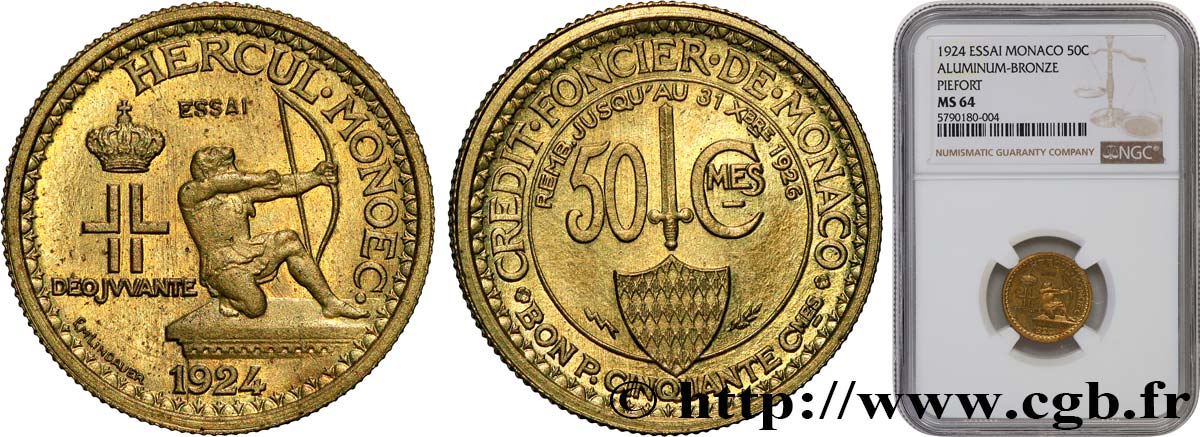 MONACO - PRINCIPALITY OF MONACO - LOUIS II Piéfort - Essai de 50 centimes 1924 Poissy MS64 NGC