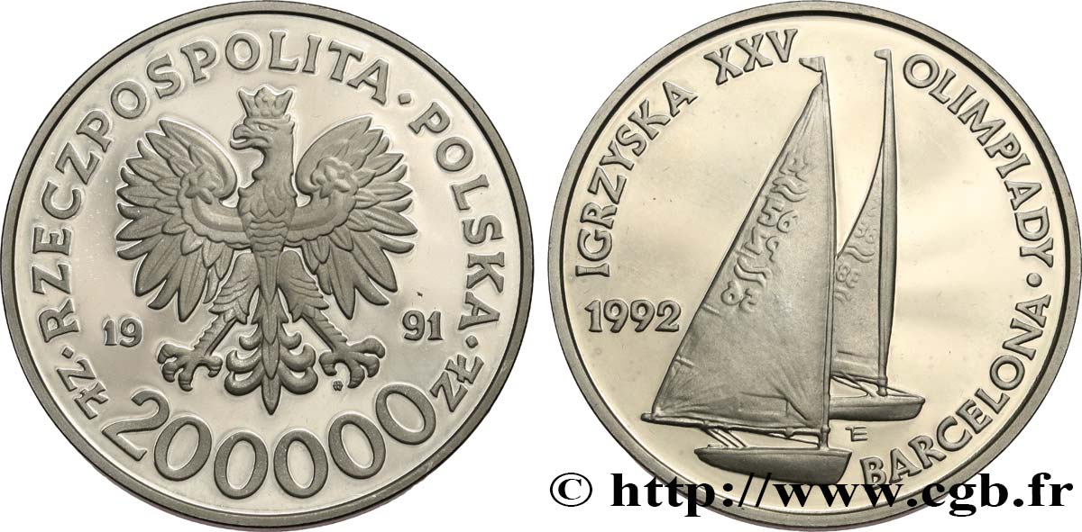 POLAND 200.000 Zlotych Proof XXVe Jeux Olympiques d’été - Barcelone 1992 - voile 1991 Varsovie MS 
