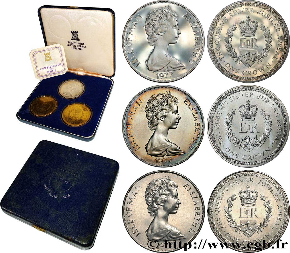 ISOLA DI MAN Coffret de 3 monnaies de 1 Crown Elisabeth II, jubilé d’argent 1977  MS 