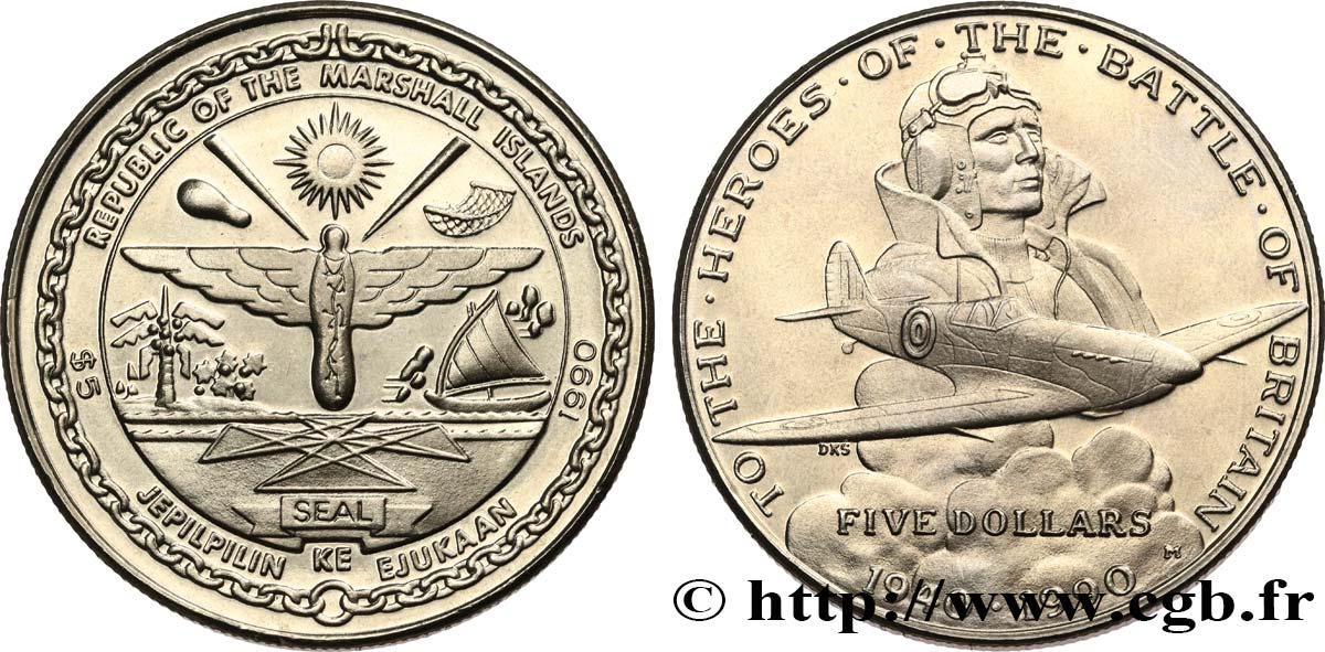 MARSHALL ISLANDS 5 Dollars Proof Héros de la Bataille d’Angleterre 1990  MS 