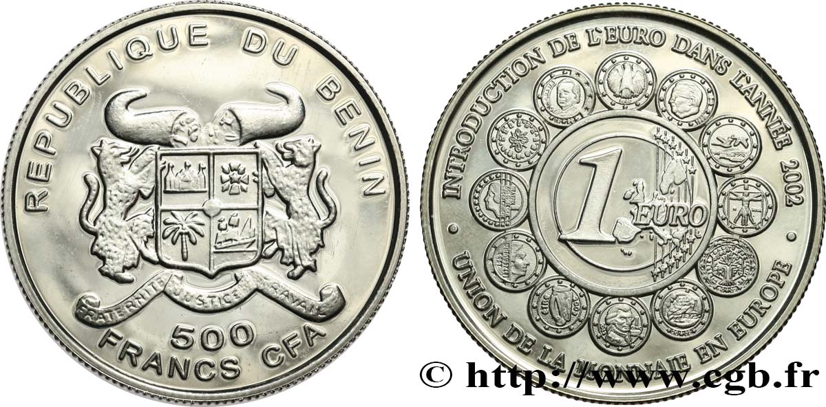 BENIN 500 Francs CFA Proof Introduction de l’Euro 2002  MS 