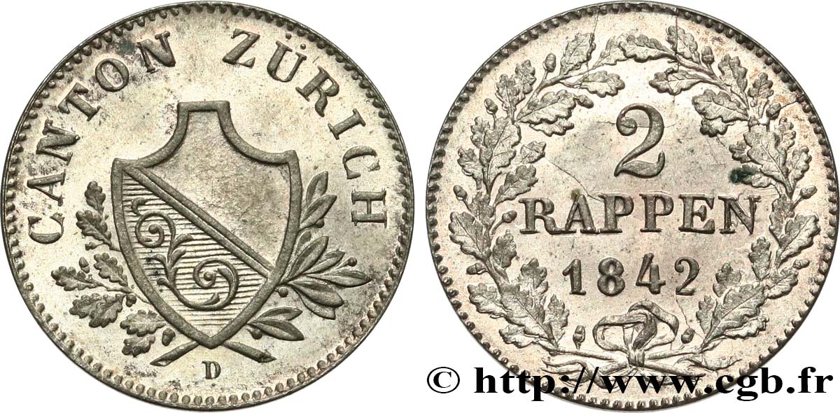 SWITZERLAND - CANTON OF ZÜRICH 2 Rappen 1842  MS 