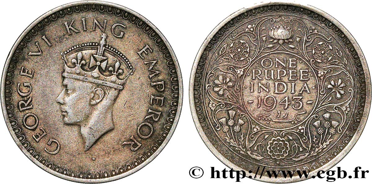 BRITISH INDIA 1 Rupee (Roupie) Georges VI 1943 Bombay XF