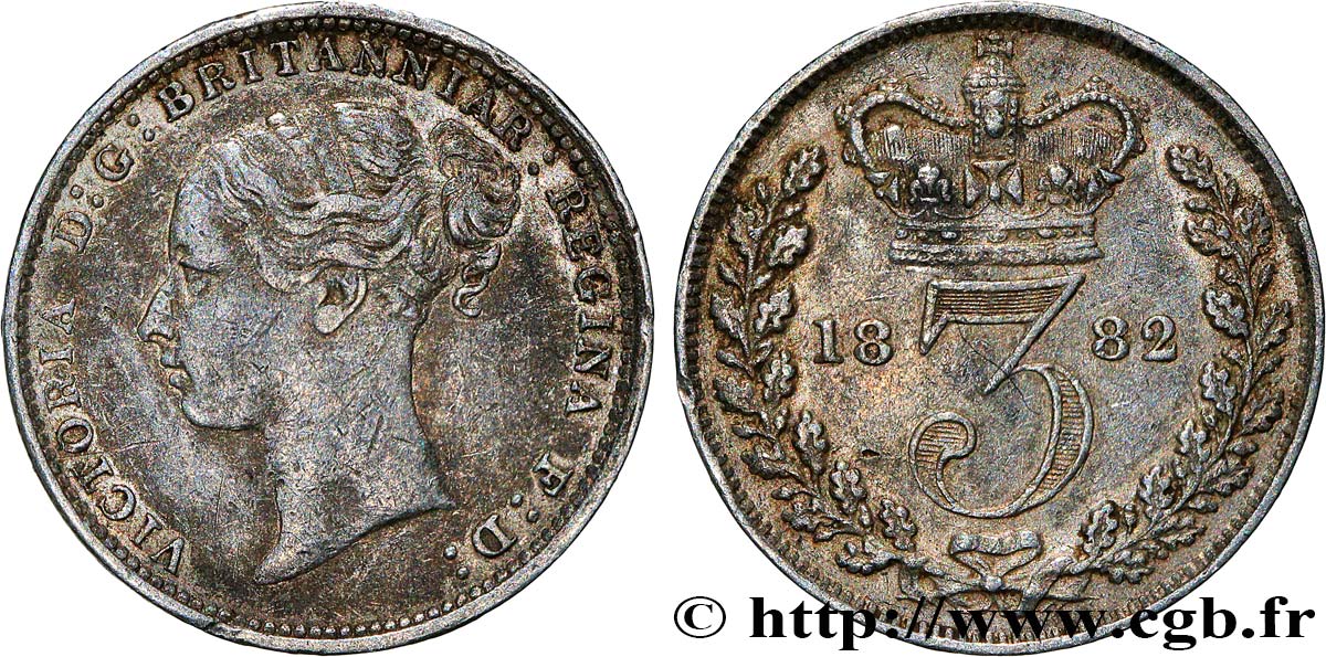 UNITED KINGDOM 3 Pence Victoria buste jeune 1882 VF