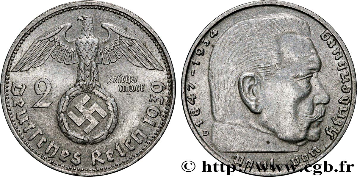 GERMANY 2 Reichsmark Maréchal Paul von Hindenburg 1939 Munich AU